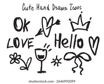 Hand-drawn doodle vector set with fun handwritten words “hello”, “OK”, and “love”, plus simple sketch icons: crown, wine glass, bow, heart, and flower. Great for stickers, prints and cards