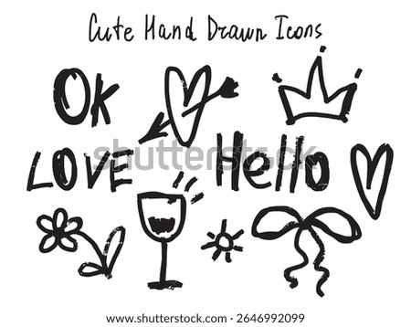 Hand-drawn doodle vector set with fun handwritten words “hello”, “OK”, and “love”, plus simple sketch icons: crown, wine glass, bow, heart, and flower. Great for stickers, prints and cards