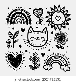 Conjunto de Vector Doodle dibujado a mano: arco iris, sol, gato, flores, corazones y rama frondosa