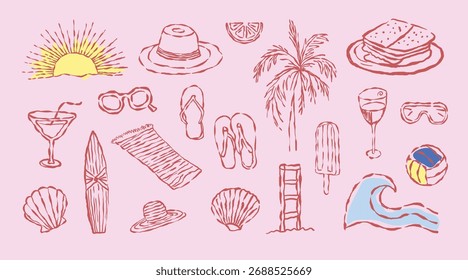 Hand-drawn doodle vector set of summer  icons and food illustration