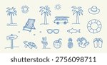Hand-drawn doodle vector summer beach grunge scribble rough sketch style elements: palm trees, suns, hat, chair, sunglasses, fish, coconut drink, pineapple, coral, flip-flops, beach sign—drawings for a poster, a placard. 