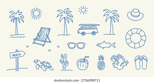 Hand-drawn doodle vector summer beach grunge scribble rough sketch style elements: palm trees, suns, hat, chair, sunglasses, fish, coconut drink, pineapple, coral, flip-flops, beach sign—drawings for a poster, a placard. 