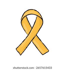 Hand-drawn doodle vector of a yellow awareness ribbon. Symbolizes support for troops and suicide prevention. Perfect for campaigns, memorials, education, and mental health topics
