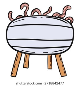 Vermicomposter de doodle dibujado a mano con gusanos visibles sobre fondo blanco Concepto de compostaje casero, reciclaje orgánico y estilo de vida ecológico