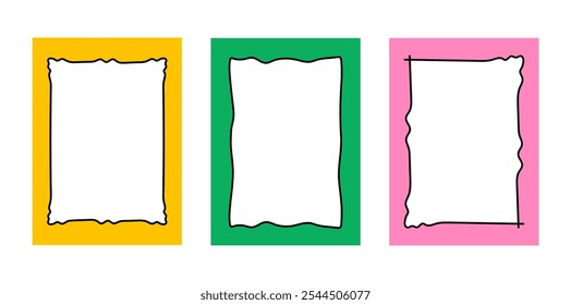 Hand-drawn doodle wave scalloped edge frames. Set of the vector curved text boxes isolated on a transparent background. Brush-drawn doodle borders and geometric shapes.