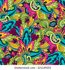 Hand-drawn doodle waves floral pattern, abstract green leaves and flowers. Vector seamless background. Print design.