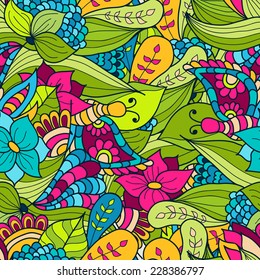 Hand-drawn doodle waves floral pattern, abstract green leaves and flowers. Vector seamless background.