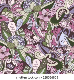 Hand-drawn doodle waves floral pattern, abstract green leaves and flowers. Vector seamless background.