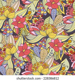 Hand-drawn doodle waves floral pattern, abstract green leaves and flowers. Vector seamless background.