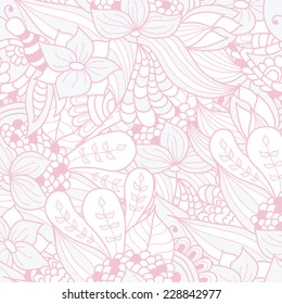 Hand-drawn doodle waves floral pattern, abstract leaves and flowers. Vector seamless background.