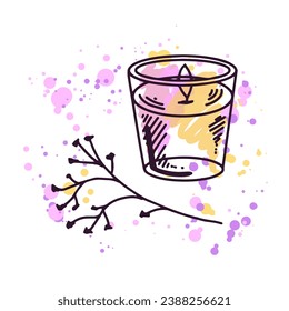 Hand-drawn doodle wax candle in a glass jar-candlestick with a twig  on a watercolor pastel background with splashes of paint. Beauty cosmetic element, self care. Sketch style.