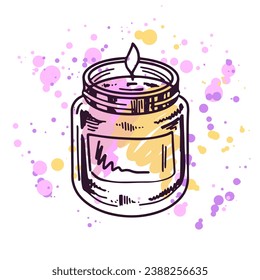 Hand-drawn doodle wax candle in a glass jar-candlestick on a watercolor pastel background with splashes of paint. Beauty cosmetic element, self care. Sketch style.