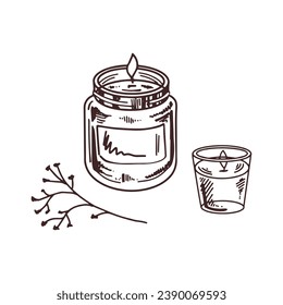 Hand-drawn doodle wax candles in a glass jar-candlesticks with a twig. Beauty cosmetic element, self care. Sketch style.	