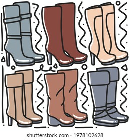 hand-drawn doodle women boot shoe art design element illustration. Illustration of women boot shoes set