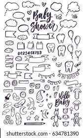 Hand-drawn doodles with baby shower elements for your design. Can be used for cards, posters, scrapbooks, photo decorations, etc. 