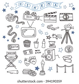 Hand-drawn doodles of the cinema objects: camera, tv, film, 3d-glasses, video cassette, director chair, etc. Line art illustrations.
