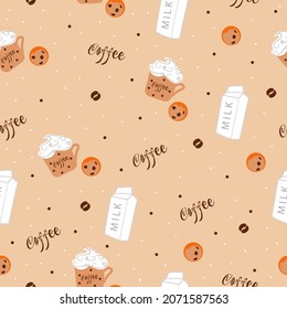 hand-drawn doodles cofee seamless pattern. vector colorful illustration. coffee beans, cofee cup. seamless coffee pattern