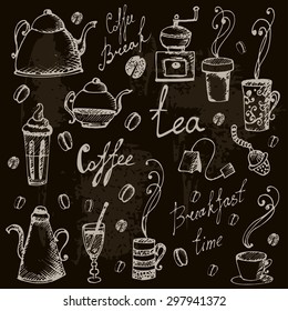 hand-drawn doodles cofee and tea. vector colorful illustration