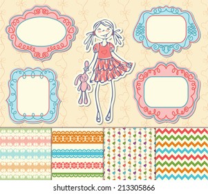 Hand-drawn doodles and design elements, Ornate frames, banners and seamless pattern in spring color.