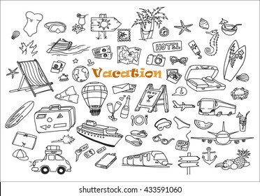 Hand-drawn doodles of the different vacation objects. Summer line art collection.