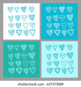 Hand-drawn doodles hearts pattern set. Romantic background Valentine's Day and wedding. Endless texture can be used for wallpaper, pattern fills, web page background, surface textures.