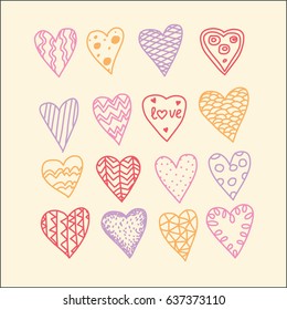 Hand-drawn doodles hearts pattern set. Romantic background Valentine's Day and wedding. Endless texture can be used for wallpaper, pattern fills, web page background, surface textures.