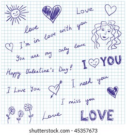 Hand-drawn doodles and love messages on graph paper.