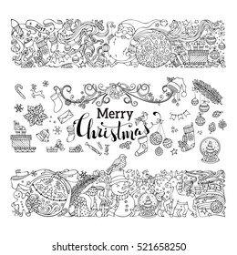 Hand-drawn doodles Merry Christmas decorations and design elements isolated on white background. Set of two horizontal decorations. Christmas tree and balls, Santa with sack, snowman, gingerbread man.