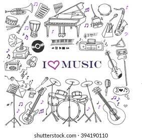 Hand-drawn doodles of the music instruments and objects: guitar, drums, violin, piano, saxophone, bass guitar, etc. Line art illustrations.