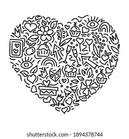 Hand-drawn doodles of objects and symbols of love. Valentine's Day, wedding, birthday, Mother's Day and other holidays. Vector illustration in the shape of a heart. Black and white