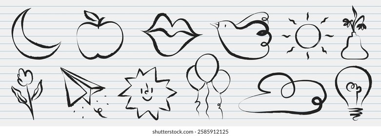 Hand-drawn doodles on lined paper include a crescent moon, apple, lips, bird, sun, flower, paper airplane, smiling sun, balloons, cloud, and light bulb. Doodle illustration vector.