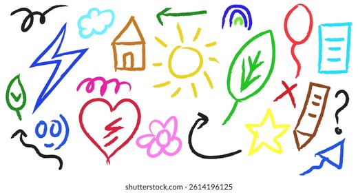 Hand-drawn doodles in playful crayon style - whimsical and childlike illustrations, heart, leaf, house,pencil paper,flower