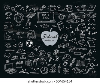 Hand-drawn doodles school set with different school objects on the black background. Line art illustration with study equipment, school bus, marks, drawings, computer, globe, books etc.