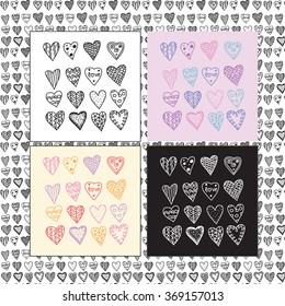 Hand-drawn doodles seamless hearts pattern set. Romantic background Valentines Day's and wedding. Endless texture can be used for wallpaper, pattern fills, web page background, surface textures.