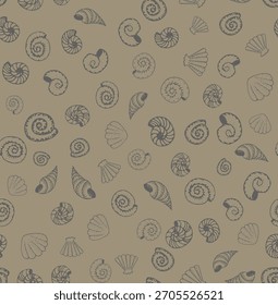 Rabiscos desenhados à mão de variações de concha em um fundo pastel, padrão sem emenda de concha