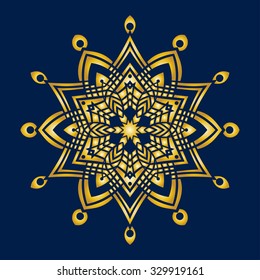 Hand-drawn doodles snowflake, golden  gradient. Zentangle mandala style. Vector illustration