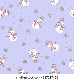 Hand-Drawn Doodles Snowman vector illustration pattern seamless purple backgrounds