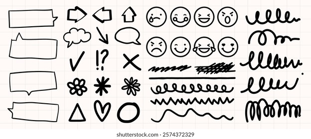 Hand-drawn doodles with speech bubbles, arrows, and emoticons. Includes check marks, crosses, and squiggles. Fun, playful, and expressive doodles. Doodle vector illustration set.
