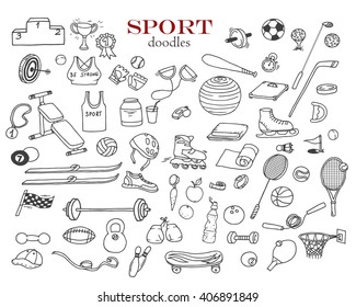 Hand-drawn doodles of the sport objects: football, basketball, golf, skates, racket, boxing gloves, rollers, skates, baseball, skis etc. Line art illustrations.