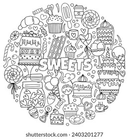 Hand-Drawn Doodles Themed On Sweets, Including A Set Of Pictures With Cakes, Candies, And Other Treats For Stress-Relieving Coloring