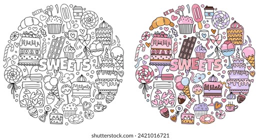 Hand-Drawn Doodles Themed On Sweets, Including A Set Of Pictures With Cakes, Candies, And Other Treats For Stress-Relieving Coloring