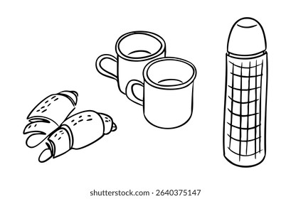 Hand-drawn doodles of thermos, mugs and croissants in a simple black and white style. Concept reflects picnic moment, coziness and shared outdoor experience