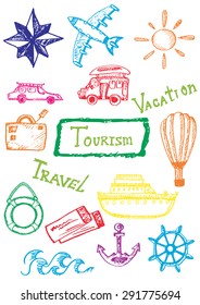 hand-drawn doodles tourism set. vector colorful illustration