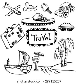hand-drawn doodles tourism set. vector  illustration on white background