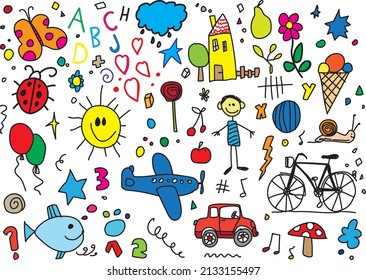 Handdrawn doodles, various children drawings in cartoon style, vector illustration
