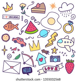 Handdrawn doodles of various children things in cartoon style - Vector Eps 10
