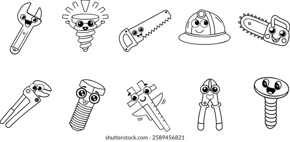 Hand-drawn doodles of various hand tools, including wrenches, saws, and screws, in a cute style