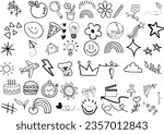 Hand-drawn doodles vector. Various objects and symbols. Flowers, animals, food, weather, rainbow, crown, cake, smiley face. Grid-like pattern on white background. Simple and cartoon-like style