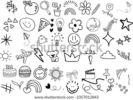 Hand-drawn doodles vector. Various objects and symbols. Flowers, animals, food, weather, rainbow, crown, cake, smiley face. Grid-like pattern on white background. Simple and cartoon-like style Foto d'archivio © 