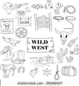 Hand-drawn doodles of the wild west objects: revolver, cowboy, money, horse, dynamite, lasso, sheriff, desert, landscape, cactus, alcohol, wanted, eagle, wheel, saloon. Line art illustrations.